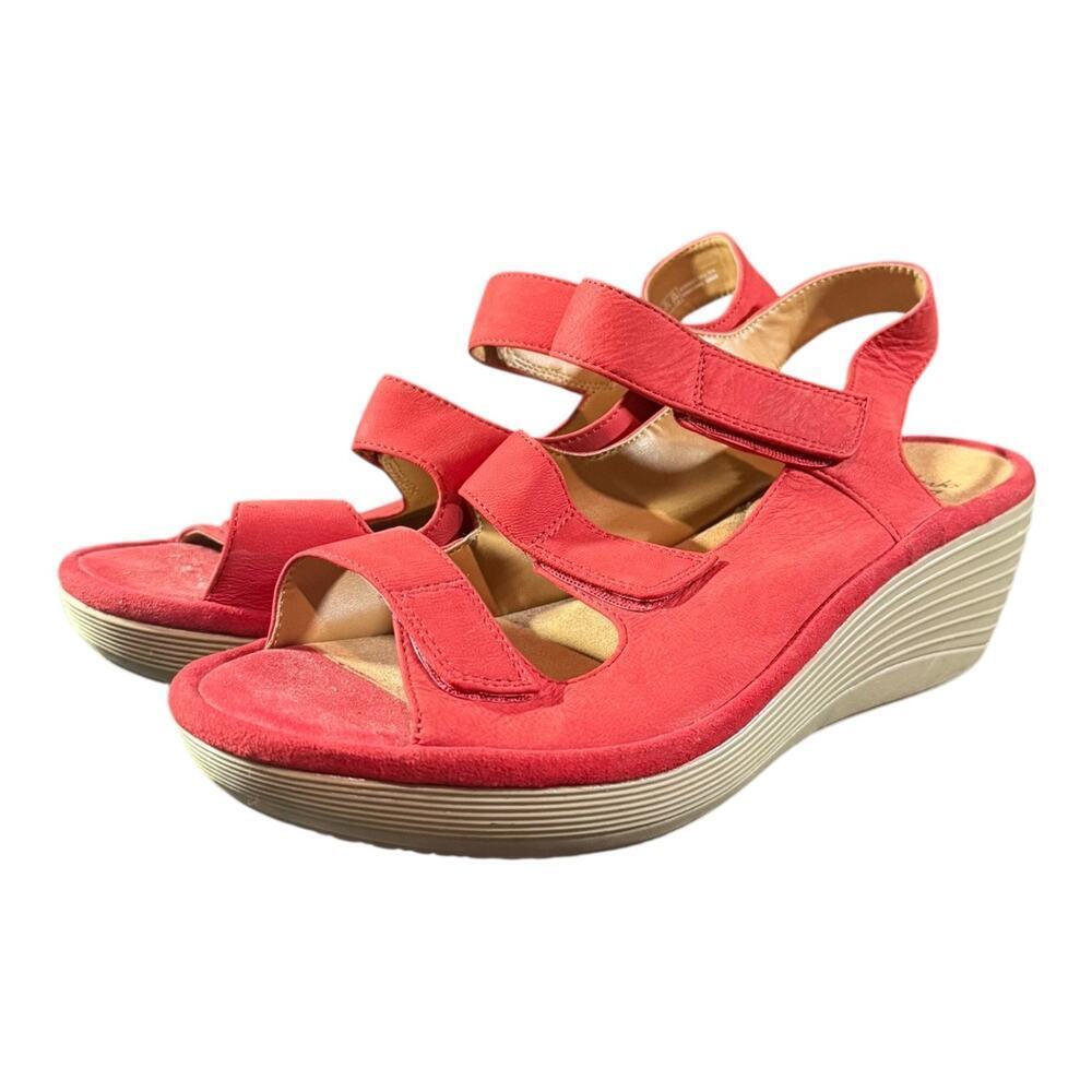 Clarks Women’s Reedly Juno Red Leather Nubuck Wedge Sandals Size 10 M